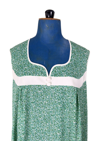 Vintage 1970s Long Nightgown Sleeveless Green Floral White Buttons - XL+