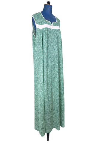 Vintage 1970s Long Nightgown Sleeveless Green Floral White Buttons - XL+