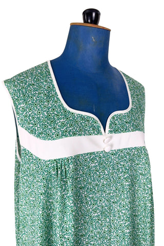 Vintage 1970s Long Nightgown Sleeveless Green Floral White Buttons - XL+