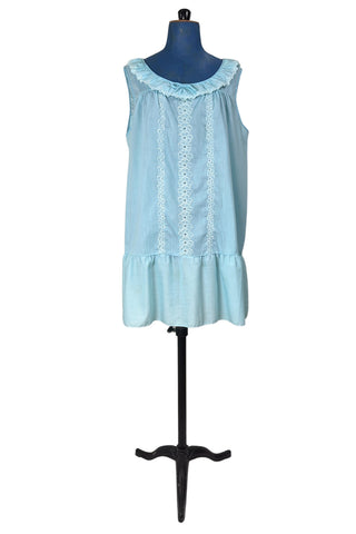 Vintage 1960s Babydoll Nightie Blue Cotton Ruffle Floral Embroidery - Large
