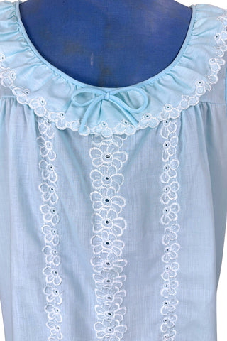 Vintage 1960s Babydoll Nightie Blue Cotton Ruffle Floral Embroidery - Large