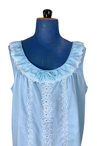 Vintage 1960s Babydoll Nightie Blue Cotton Ruffle Floral Embroidery - Large