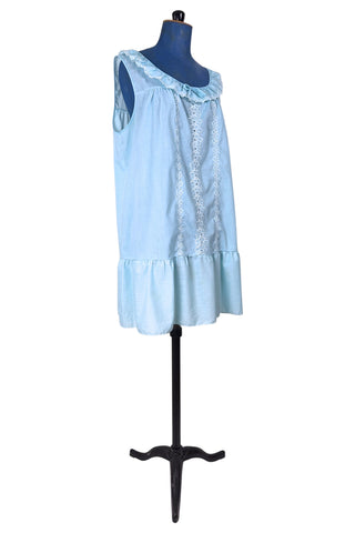 Vintage 1960s Babydoll Nightie Blue Cotton Ruffle Floral Embroidery - Large