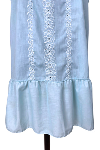 Vintage 1960s Babydoll Nightie Blue Cotton Ruffle Floral Embroidery - Large