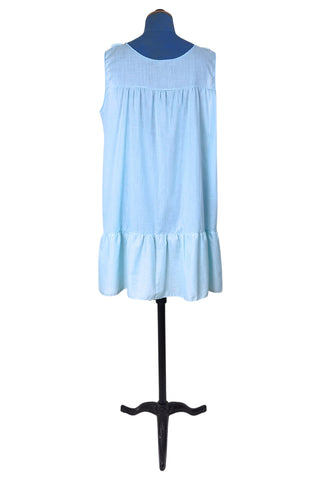 Vintage 1960s Babydoll Nightie Blue Cotton Ruffle Floral Embroidery - Large