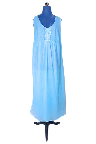 Vintage 1960s Chiffon Nightgown Blue White Lace Sheer Nightie - Large