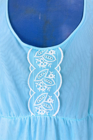 Vintage 1960s Chiffon Nightgown Blue White Lace Sheer Nightie - Large