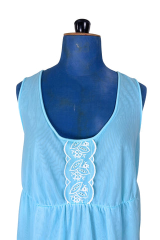 Vintage 1960s Chiffon Nightgown Blue White Lace Sheer Nightie - Large