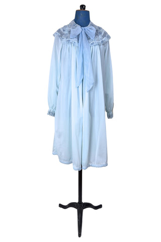 Vintage 1950s Peignoir Nightgown Set Blue Sheer Lace Embroidered 36 - Small