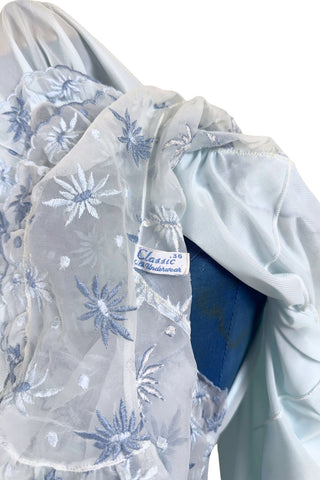 Vintage 1950s Peignoir Nightgown Set Blue Sheer Lace Embroidered 36 - Small