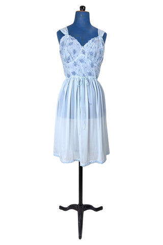 Vintage 1950s Peignoir Nightgown Set Blue Sheer Lace Embroidered 36 - Small