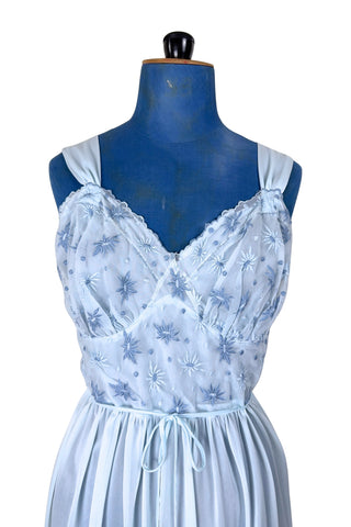 Vintage 1950s Peignoir Nightgown Set Blue Sheer Lace Embroidered 36 - Small