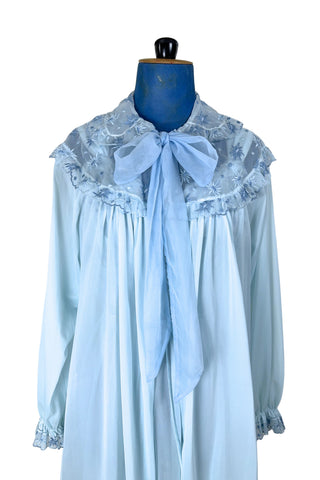 Vintage 1950s Peignoir Nightgown Set Blue Sheer Lace Embroidered 36 - Small