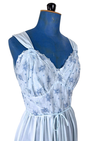 Vintage 1950s Peignoir Nightgown Set Blue Sheer Lace Embroidered 36 - Small