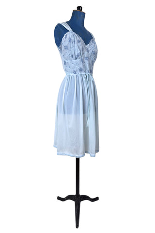 Vintage 1950s Peignoir Nightgown Set Blue Sheer Lace Embroidered 36 - Small