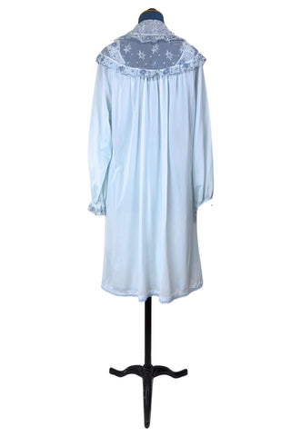 Vintage 1950s Peignoir Nightgown Set Blue Sheer Lace Embroidered 36 - Small