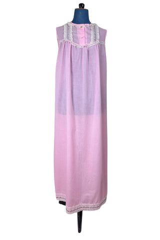 Vintage 1960s Long Nightgown Pink Cotton Embroidered Floral Lace Trim - Medium