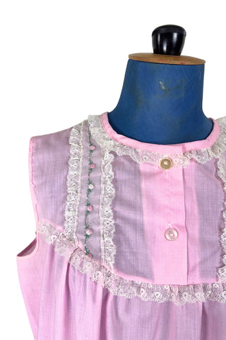 Vintage 1960s Long Nightgown Pink Cotton Embroidered Floral Lace Trim - Medium
