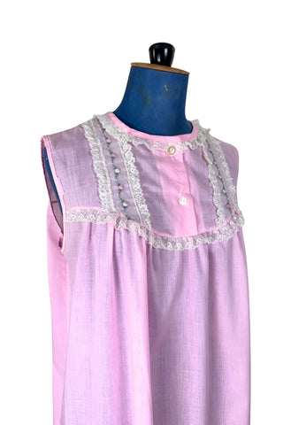 Vintage 1960s Long Nightgown Pink Cotton Embroidered Floral Lace Trim - Medium