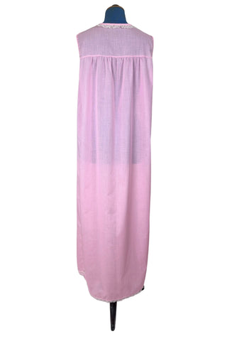 Vintage 1960s Long Nightgown Pink Cotton Embroidered Floral Lace Trim - Medium