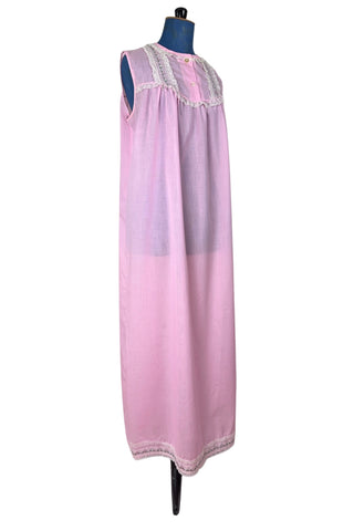 Vintage 1960s Long Nightgown Pink Cotton Embroidered Floral Lace Trim - Medium