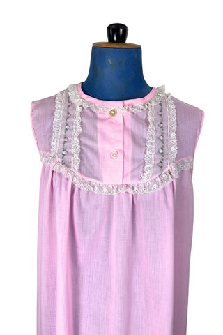 Vintage 1960s Long Nightgown Pink Cotton Embroidered Floral Lace Trim - Medium