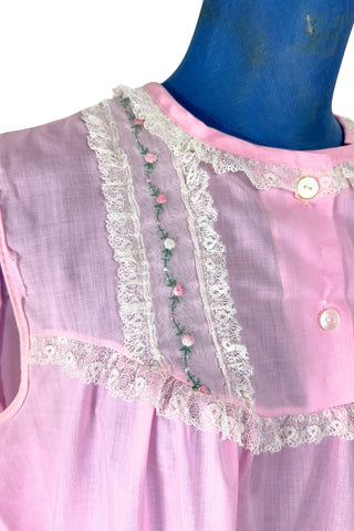 Vintage 1960s Long Nightgown Pink Cotton Embroidered Floral Lace Trim - Medium