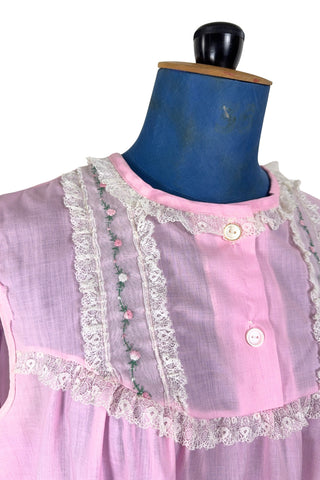 Vintage 1960s Long Nightgown Pink Cotton Embroidered Floral Lace Trim - Medium