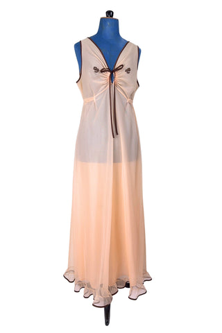 Vintage 1960s Nightgown Sheer Maxi Nightie Peach Brown Trim Ruffles - Large