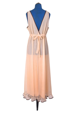 Vintage 1960s Nightgown Sheer Maxi Nightie Peach Brown Trim Ruffles - Large