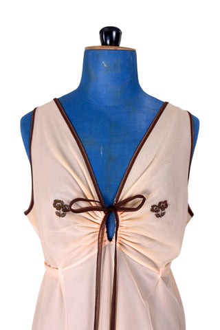 Vintage 1960s Nightgown Sheer Maxi Nightie Peach Brown Trim Ruffles - Large