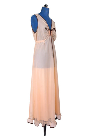 Vintage 1960s Nightgown Sheer Maxi Nightie Peach Brown Trim Ruffles - Large