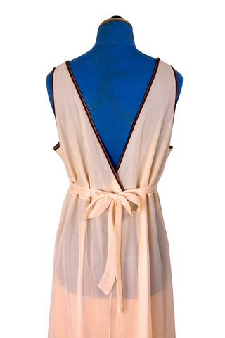 Vintage 1960s Nightgown Sheer Maxi Nightie Peach Brown Trim Ruffles - Large