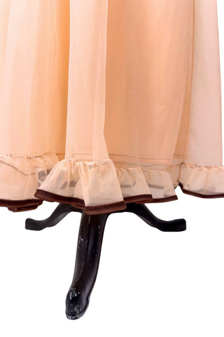 Vintage 1960s Nightgown Sheer Maxi Nightie Peach Brown Trim Ruffles - Large