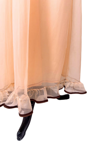 Vintage 1960s Nightgown Sheer Maxi Nightie Peach Brown Trim Ruffles - Large