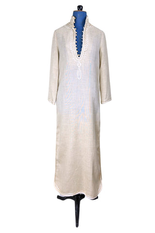 Vintage 1970s Anne Klein Caftan Cream Linen Maxi Dress - Small