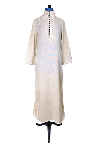 Vintage 1970s Anne Klein Caftan Cream Linen Maxi Dress - Small