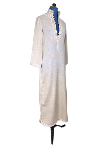 Vintage 1970s Anne Klein Caftan Cream Linen Maxi Dress - Small