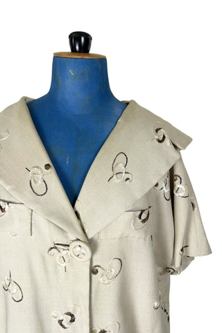 Vintage 1960s Coat Evening Topper Jacket Cream Embroidered - XL+