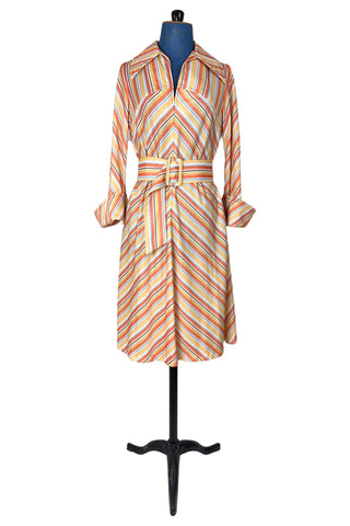 Vintage 1970s Striped Dress Pointed Collar Orange Blue Brown - Medium