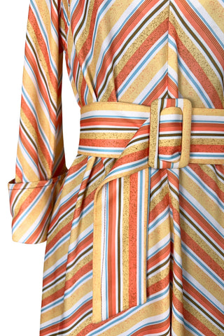 Vintage 1970s Striped Dress Pointed Collar Orange Blue Brown - Medium