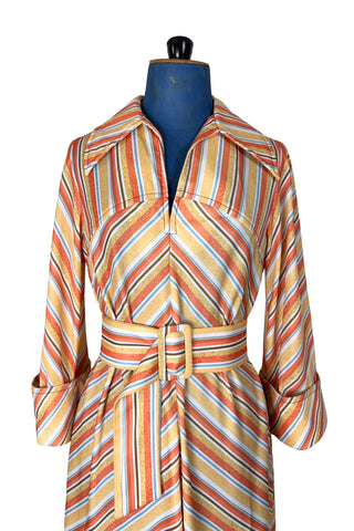 Vintage 1970s Striped Dress Pointed Collar Orange Blue Brown - Medium