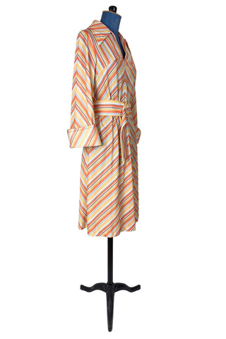 Vintage 1970s Striped Dress Pointed Collar Orange Blue Brown - Medium