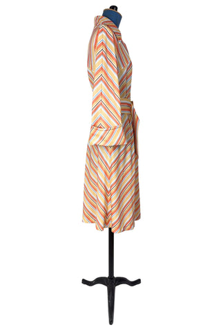 Vintage 1970s Striped Dress Pointed Collar Orange Blue Brown - Medium