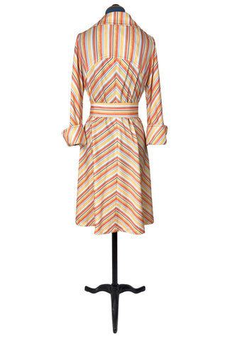Vintage 1970s Striped Dress Pointed Collar Orange Blue Brown - Medium