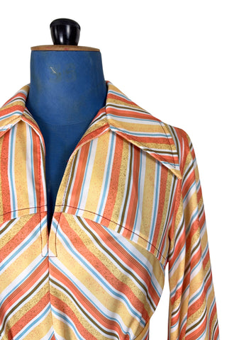 Vintage 1970s Striped Dress Pointed Collar Orange Blue Brown - Medium