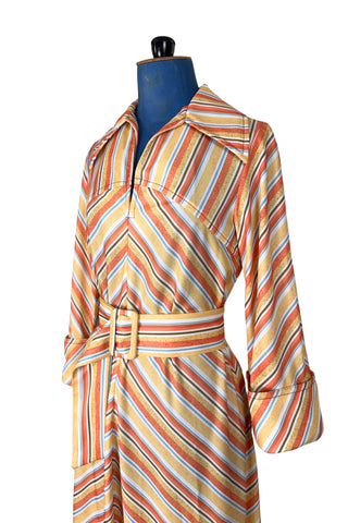 Vintage 1970s Striped Dress Pointed Collar Orange Blue Brown - Medium