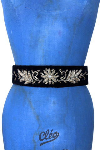 Vintage Beaded Belt Black Velvet Gold Tassels - Medium