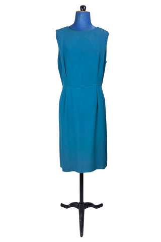 Vintage 1960s Sleeveless Dress Turquoise Crepe Piping - XL+