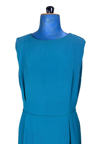 Vintage 1960s Sleeveless Dress Turquoise Crepe Piping - XL+